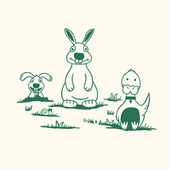 rabbit and duck retro cartoon character illustration