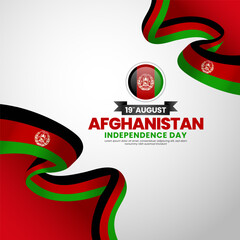 Afghanistan independence day greeting card, square banner background with warving ribbon flag
