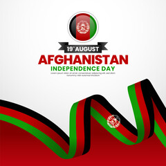 Afghanistan independence day greeting card, square banner background with warving ribbon flag