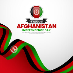 Afghanistan independence day greeting card, square banner background with warving ribbon flag