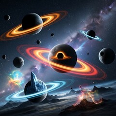 A cosmic landscape of planets with rings and crystals.