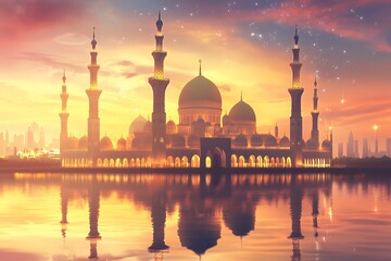 Fototapeta premium Majestic Mosque Sunset Cityscape Golden Reflection