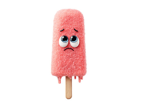 Sad melting strawberry ice pop cartoon character, Isolated On White, Transparent Background, Png
