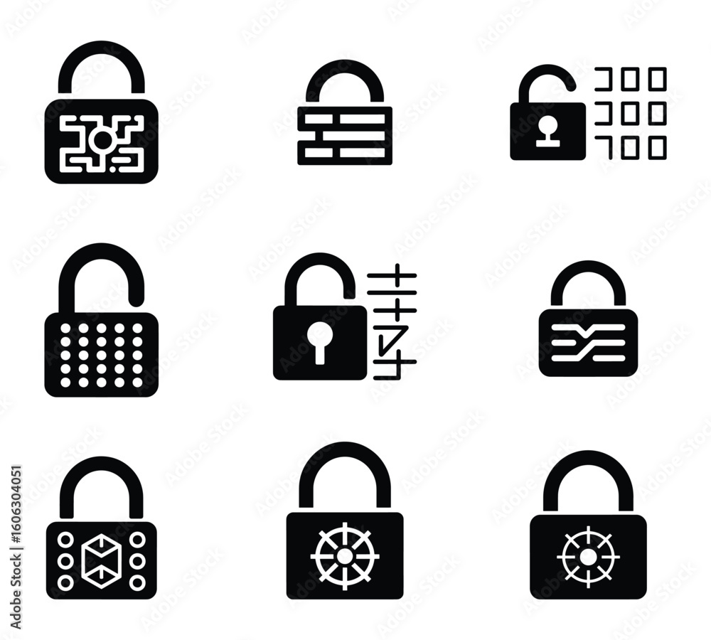 Poster collection of black padlock icons representing security and protection concepts