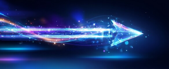 Abstract digital arrow pointing with glowing blue lines on a dark background, in a futuristic style, high resolution, illustration for a tech company design, illustration style, illustration art.