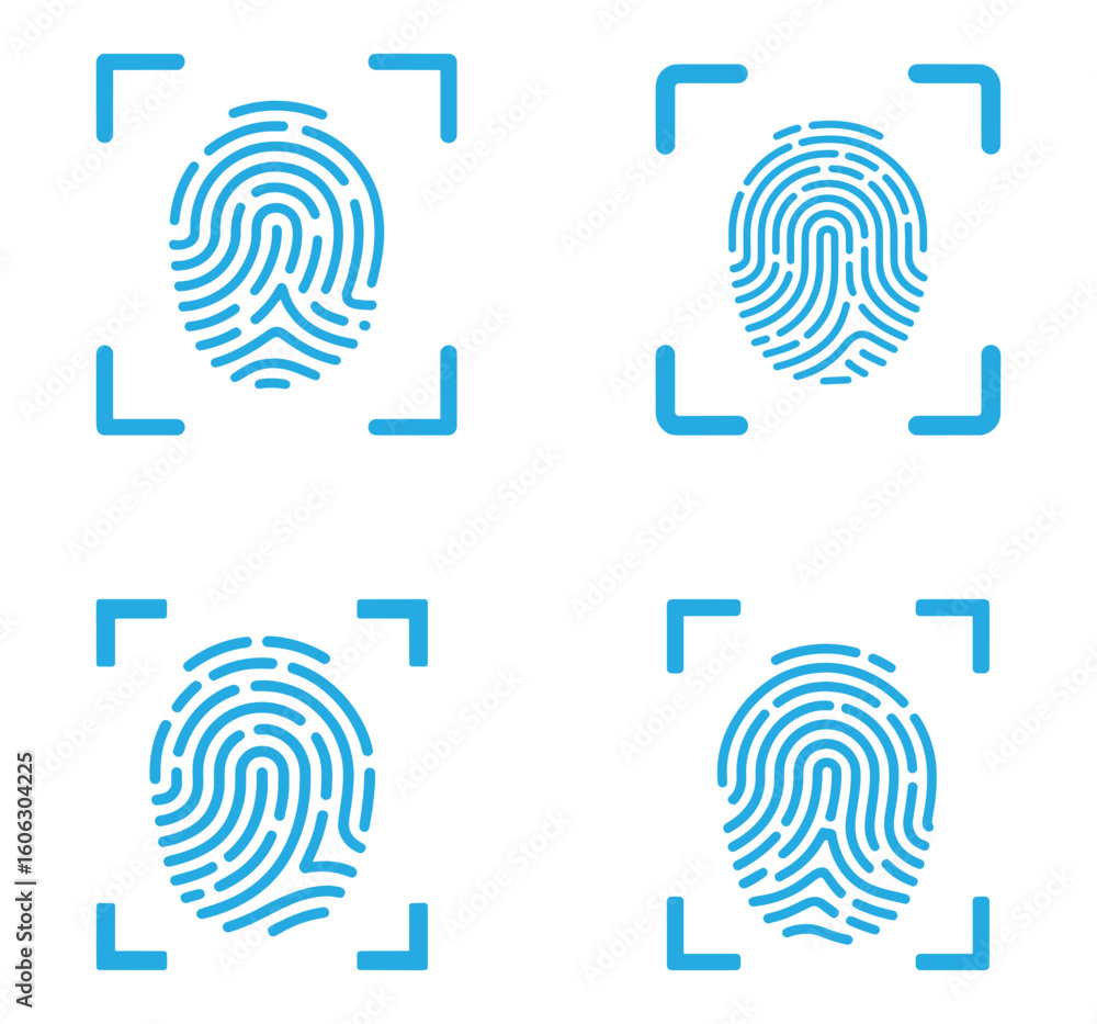 Poster seamless pattern of blue fingerprints with scanning frames on a white background