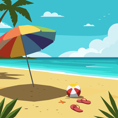 Tropical Beach Vacation Scene with Umbrella and Flip-Flops