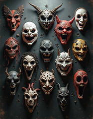 Collection of Scary Demon Masks on Dark Wall – Horror and Halloween Theme

