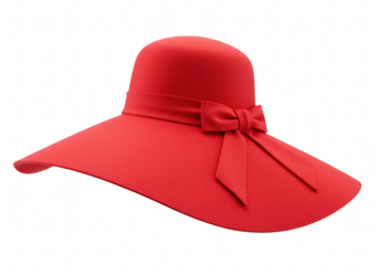 A stylish red widebrimmed hat decorated with a matching fabric bow isolated on a transparent background
