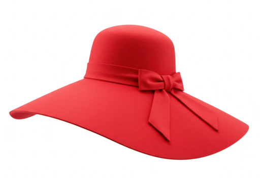 A stylish red widebrimmed hat decorated with a matching fabric bow isolated on a transparent background