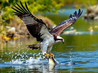 Obraz premium Osprey in action diving to grab a fish from the river with sharp talons, capturing a dramatic wildlife moment of strength and hunting precision