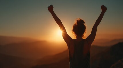 Strong woman silhouette with sunrise behind, symbolizing hope and equality, mountains in the background, inspirational and motivational theme, cinematic lighting

