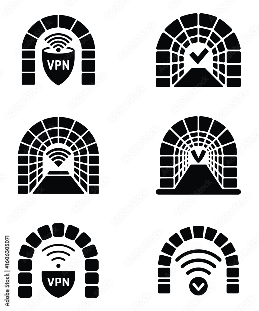 Poster tunnel icons representing vpn connection security and secure data transfer