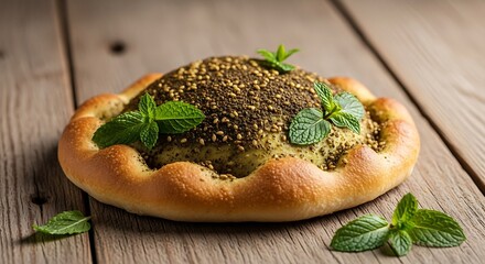 Close-up of a flatbread topped with herbs and spices.