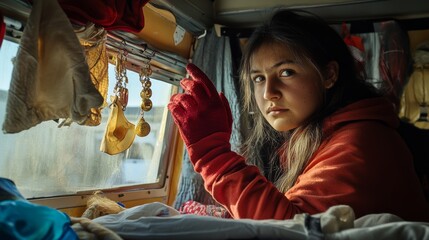 Thoughtful Teenager in Red Jacket Inside Cluttered Caravan