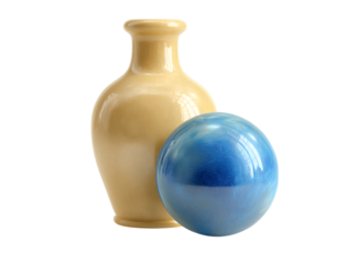 Elegant pale yellow vase and blue sphere still life, Isolated On White, Transparent Background, Png