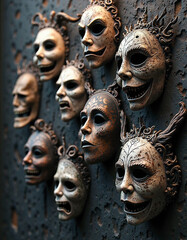 Collection of Scary Demon Masks on Dark Wall – Horror and Halloween Theme


