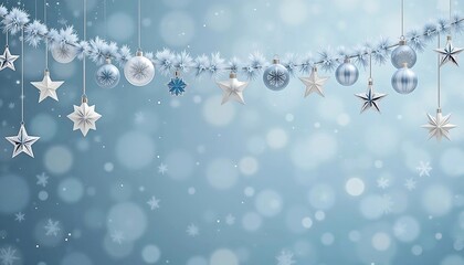 Elegant Winter Holiday Decorations Against a Light Blue Background. A beautiful, winter-themed image featuring a string of festive decorations, including stars and glass ornaments in light blue.