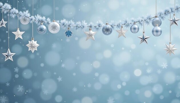Elegant Winter Holiday Decorations Against a Light Blue Background. A beautiful, winter-themed image featuring a string of festive decorations, including stars and glass ornaments in light blue.