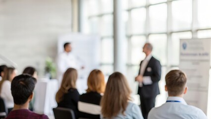 Indian Insurance Seminar Blur: Professionals attending a health insurance awareness session, blurred to suggest activity and networking.
