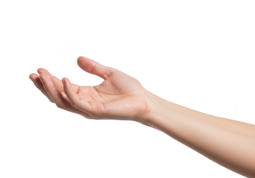 An open human hand palm facing upwards and extended forward isolated against a clean transparent background
