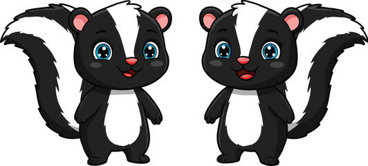 Two adorable cartoon skunks standing and smiling with fluffy tails, perfect for children's books, animal characters, and vector art illustrations
