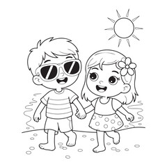 Cartoon kids walking hand in hand on the beach outline art