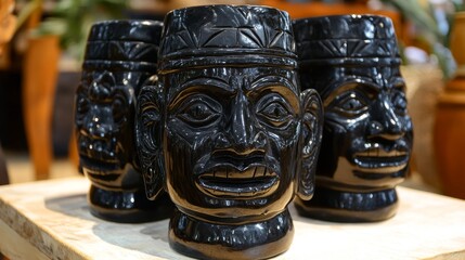 Three Black Ceramic Mugs Shaped as Carved Human Heads on Wooden Surface
