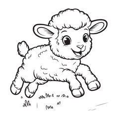 Cartoon lamb jumping cheerfully in black and white outline