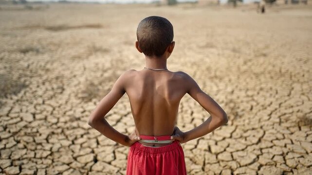 The Scourge of Poverty: A vulnerable child, emaciated and facing a parched, cracked earth, a stark visual testament to the harsh realities of scarcity and hardship.