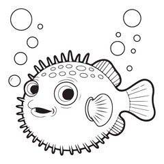 Cartoon pufferfish with bubbles in black and white outline © sumit
