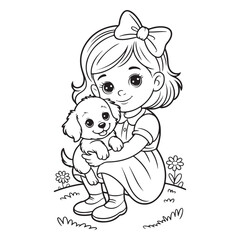 Girl holding puppy in black and white outline drawing