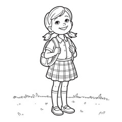 Line art of schoolgirl with backpack and uniform on grass