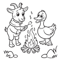 Goat and duck roasting marshmallow by campfire outline