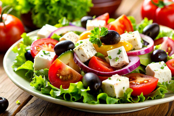 Fresh Greek Salad Close-Up with Feta, Tomatoes, Olives, and Crisp Lettuce. AI Generative