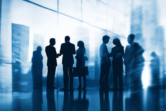 Silhouettes of professionals chatting in front of office buildings, with a blue and white tone reflecting corporate interaction and a modern business environment.