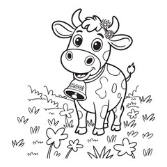 Cartoon cow with flowers and bell in a field line drawing
