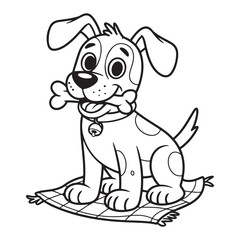 Cartoon dog with bone sitting on a blanket illustration