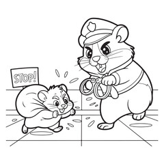 Cartoon hamster police arresting a thief in black and white