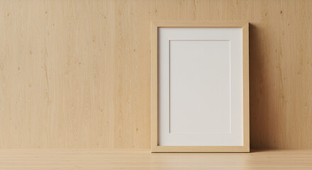Empty light beige wooden picture frame on light beige wood