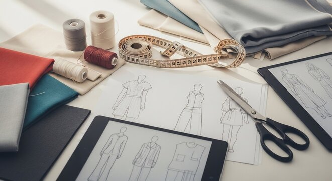 Fashion designer's desk with sketches, fabrics, and tools for garment creation