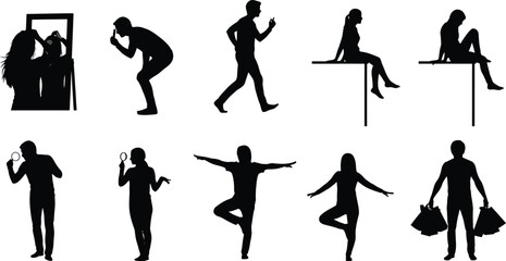 Vector art of silhouettes of people in various poses and activities, including yoga, shopping, and using a magnifying glass 
