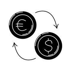 Currency Exchange Glyph Icon, euro to dollar conversion arrows, represents trading or international money exchange.