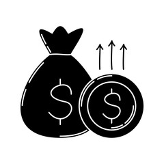 Money Bag Glyph Icon, bag with dollar symbol and coin, represents large savings, fundraising, or capital investment.
