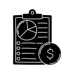Clipboard Chart Glyph Icon, document with pie chart and checklist, useful for financial planning, reporting, and auditing illustrations.