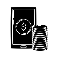 Mobile Payment Glyph Icon, smartphone screen with coin icon and stacks, great for fintech, digital banking, or online payment designs.