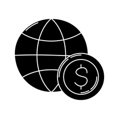 World Globe Glyph Icon, earth sphere with dollar coin, ideal for global finance, trade, or international business concepts.