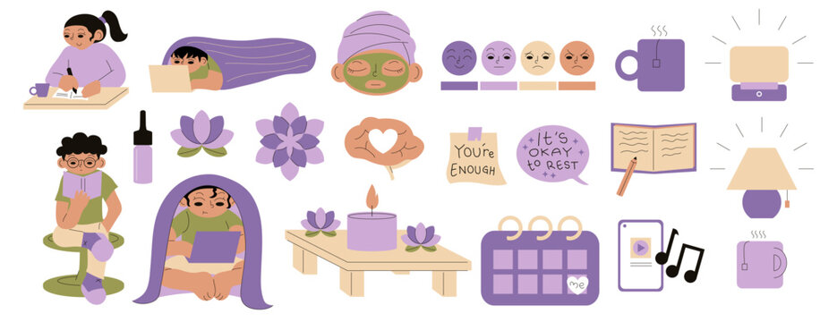 Minimalist Illustration of Self Care and Relaxation Elements in Pastel Colors
