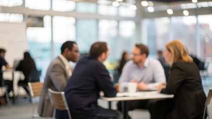 Indian Investor Meetup Blur: Blurred scene of business investors and entrepreneurs exchanging ideas at a pitch session.
