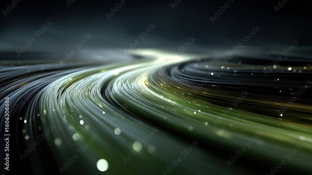 Poster abstract digital design of flowing lines with shimmering particles in a dark background celebrating 